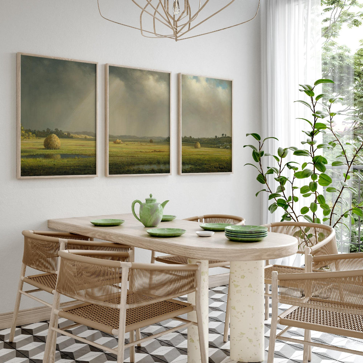 Martin Johnson Heade Newbury Meadows Set of Three Art Prints - Haystacks on the Marsh - Panoramic Landscape Painting Poster