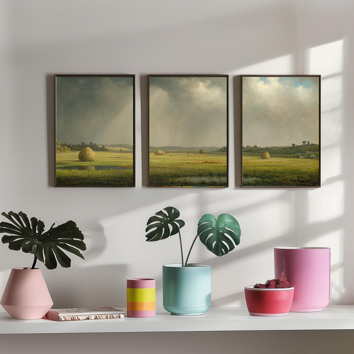 Martin Johnson Heade Newbury Meadows Set of Three Art Prints - Haystacks on the Marsh - Panoramic Landscape Painting Poster