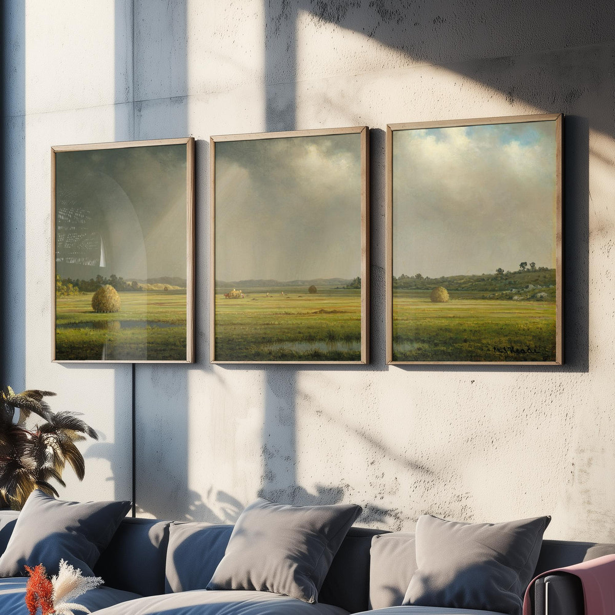 Martin Johnson Heade Newbury Meadows Set of Three Art Prints - Haystacks on the Marsh - Panoramic Landscape Painting Poster