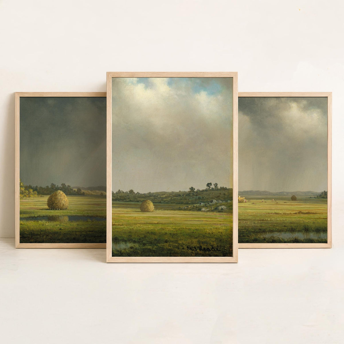 Martin Johnson Heade Newbury Meadows Set of Three Art Prints - Haystacks on the Marsh - Panoramic Landscape Painting Poster
