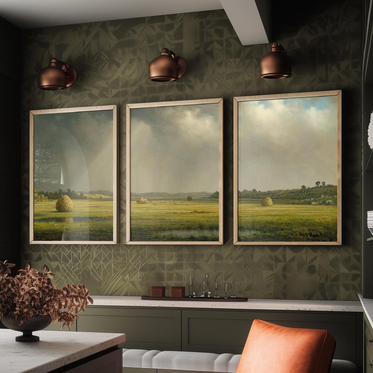 Martin Johnson Heade Newbury Meadows Set of Three Art Prints - Haystacks on the Marsh - Panoramic Landscape Painting Poster