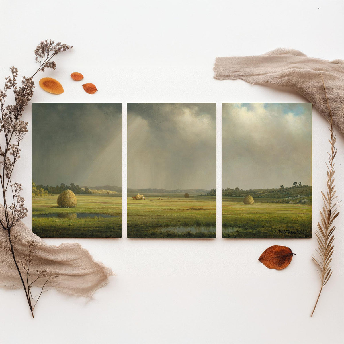 Martin Johnson Heade Newbury Meadows Set of Three Art Prints - Haystacks on the Marsh - Panoramic Landscape Painting Poster