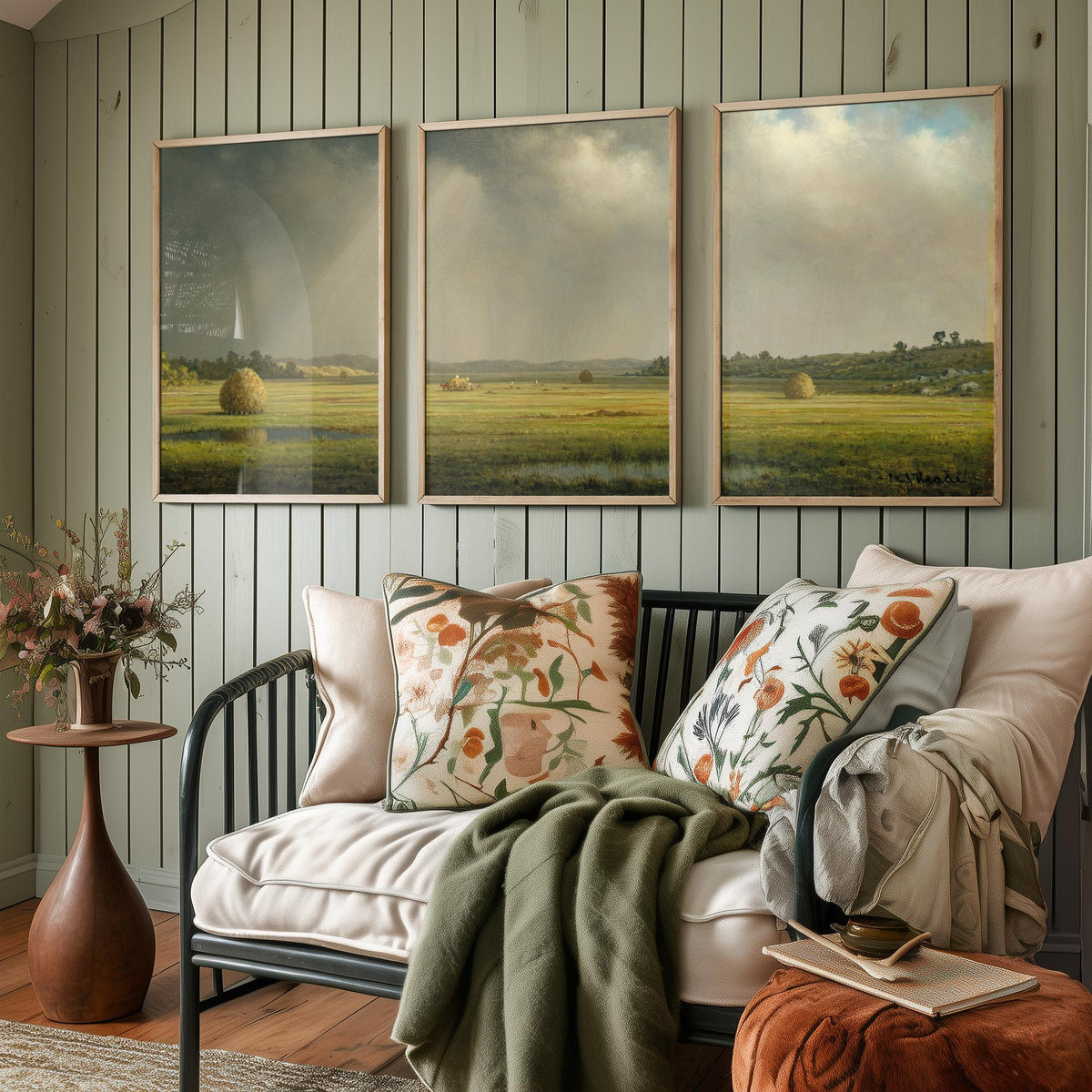 Martin Johnson Heade Newbury Meadows Set of Three Art Prints - Haystacks on the Marsh - Panoramic Landscape Painting Poster