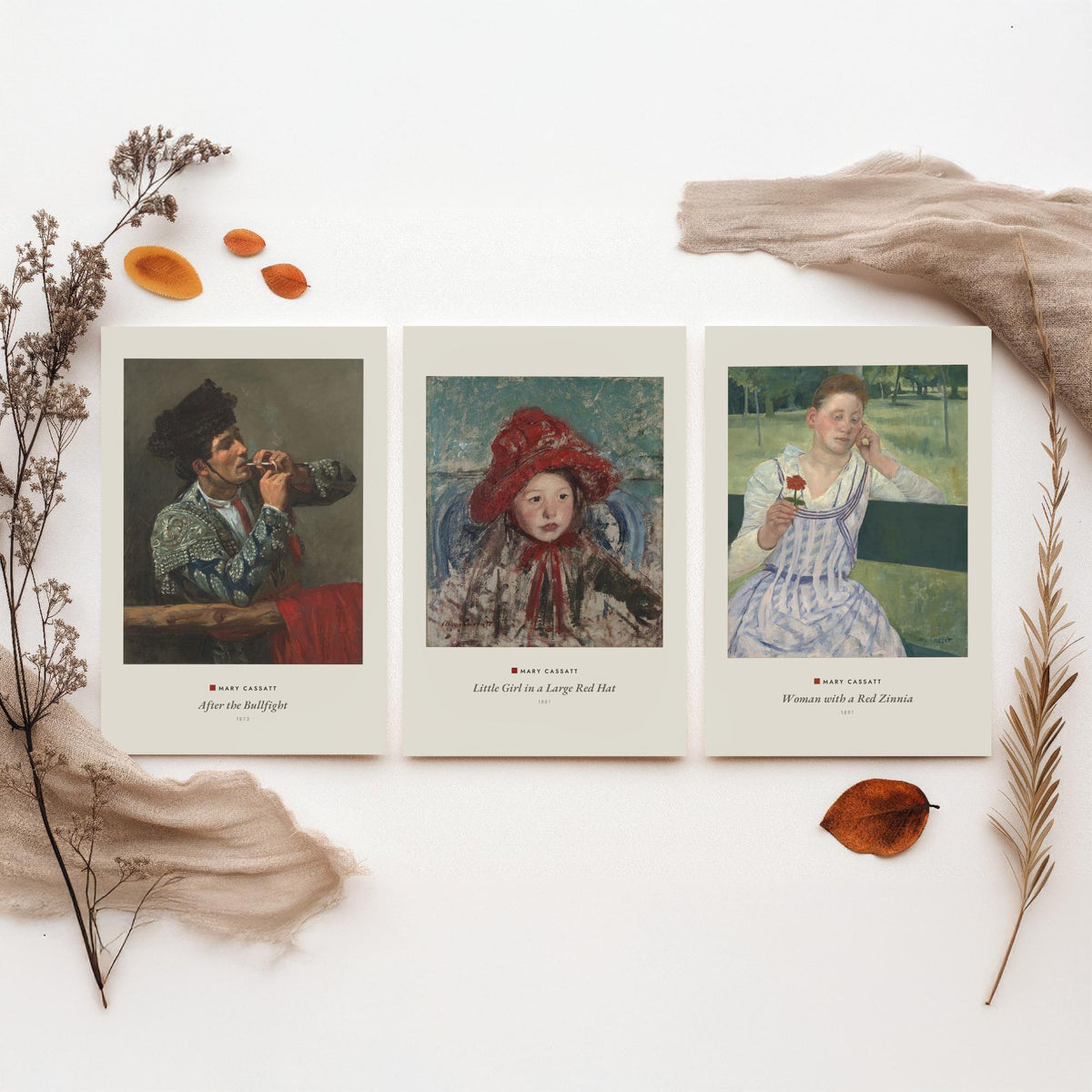 Set of Three Mary Cassatt Art Prints - 3 Impressionist Paintings - Poster Giclee - After the Bullfight, Girl Red Hat, Woman Red Zinnia
