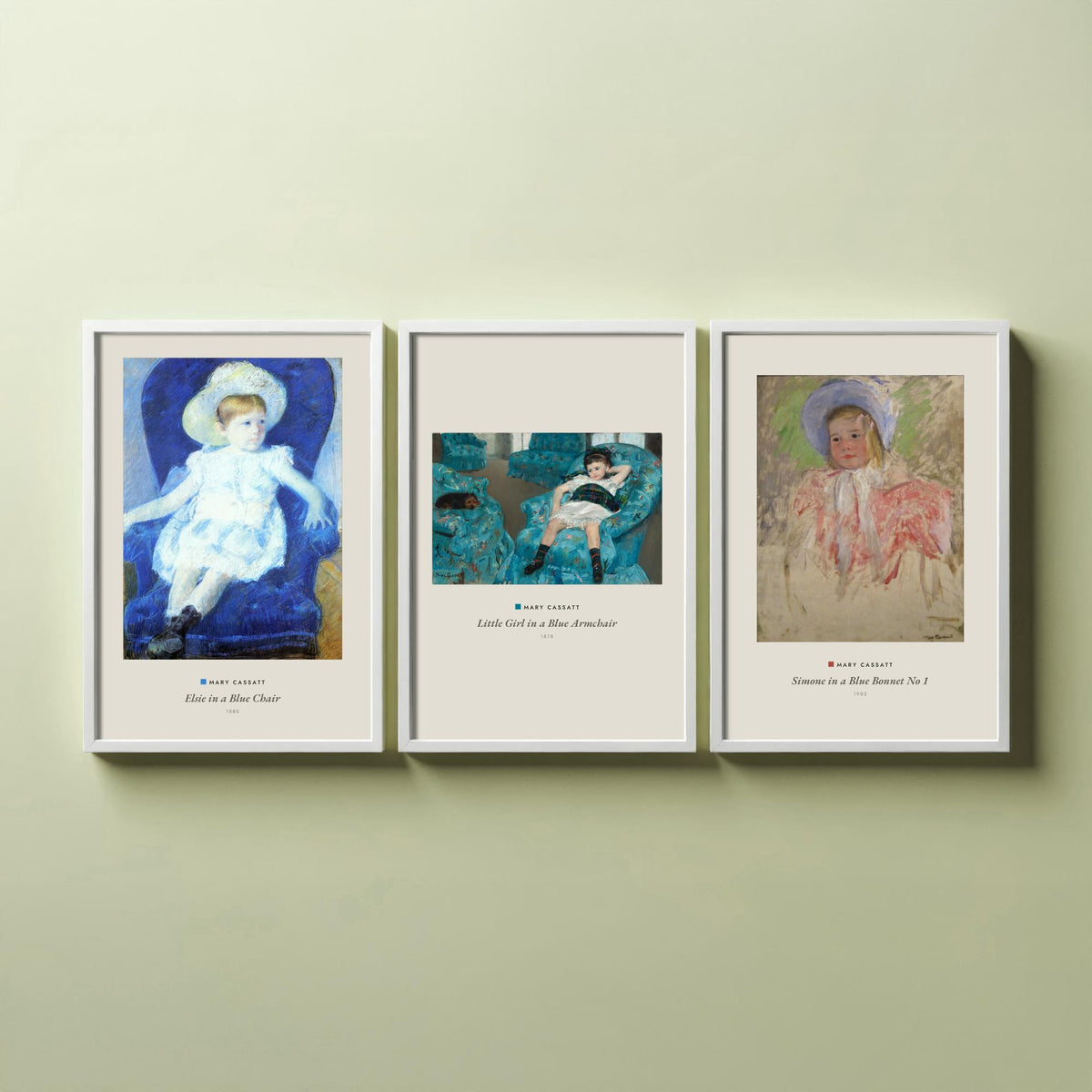 Set of Three Mary Cassatt Art Prints - 3 Blue Portrait Paintings - Poster Giclee - Elsie Blue Chair, Girl Blue Armchair, Simone Blue Bonnet