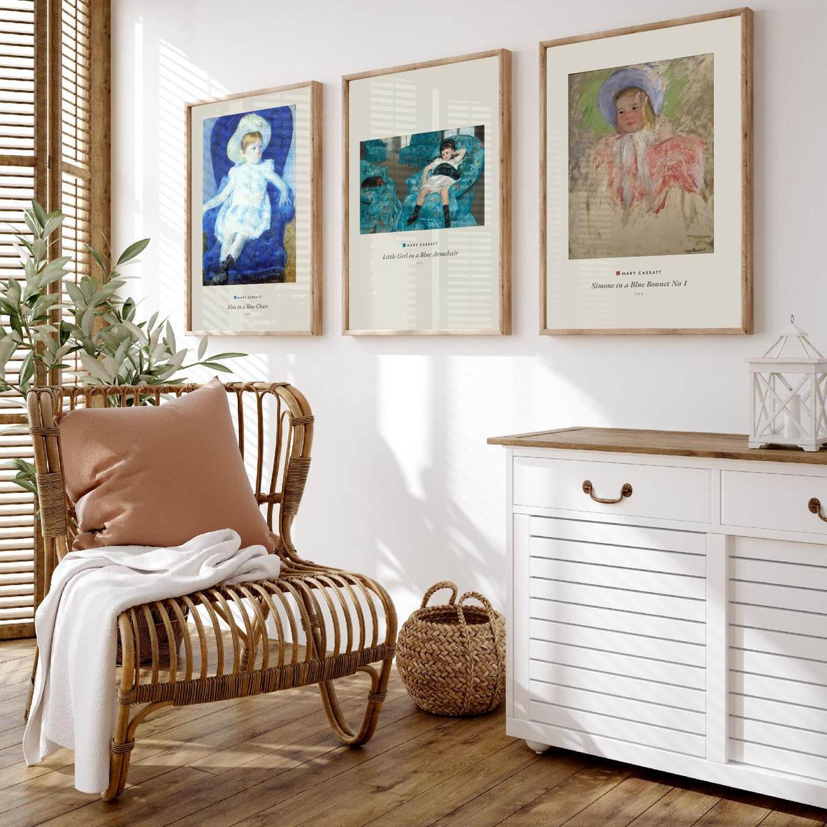 Set of Three Mary Cassatt Art Prints - 3 Blue Portrait Paintings - Poster Giclee - Elsie Blue Chair, Girl Blue Armchair, Simone Blue Bonnet