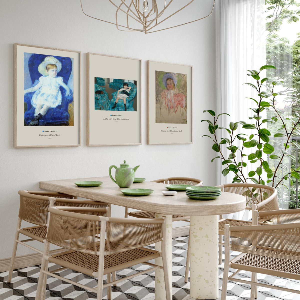 Set of Three Mary Cassatt Art Prints - 3 Blue Portrait Paintings - Poster Giclee - Elsie Blue Chair, Girl Blue Armchair, Simone Blue Bonnet