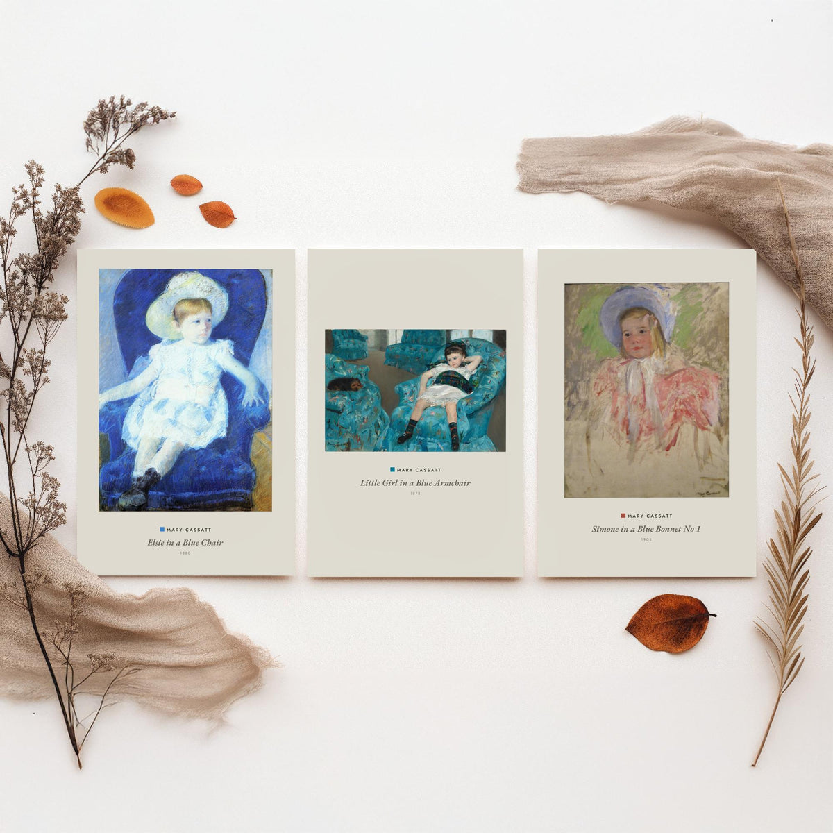 Set of Three Mary Cassatt Art Prints - 3 Blue Portrait Paintings - Poster Giclee - Elsie Blue Chair, Girl Blue Armchair, Simone Blue Bonnet