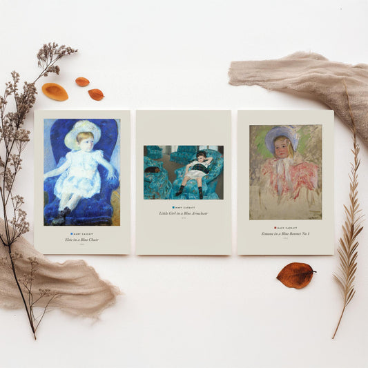 Set of Three Mary Cassatt Art Prints - 3 Blue Portrait Paintings - Poster Giclee - Elsie Blue Chair, Girl Blue Armchair, Simone Blue Bonnet