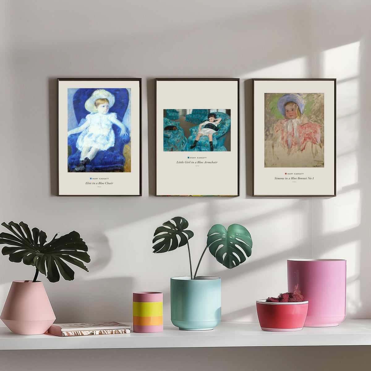 Set of Three Mary Cassatt Art Prints - 3 Blue Portrait Paintings - Poster Giclee - Elsie Blue Chair, Girl Blue Armchair, Simone Blue Bonnet
