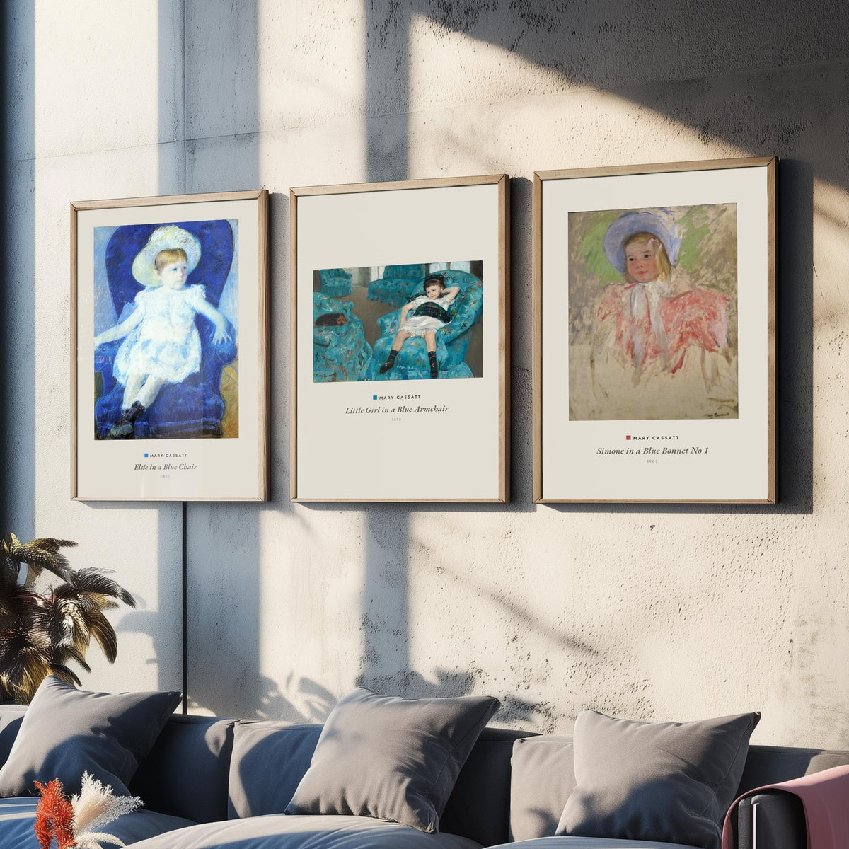 Set of Three Mary Cassatt Art Prints - 3 Blue Portrait Paintings - Poster Giclee - Elsie Blue Chair, Girl Blue Armchair, Simone Blue Bonnet