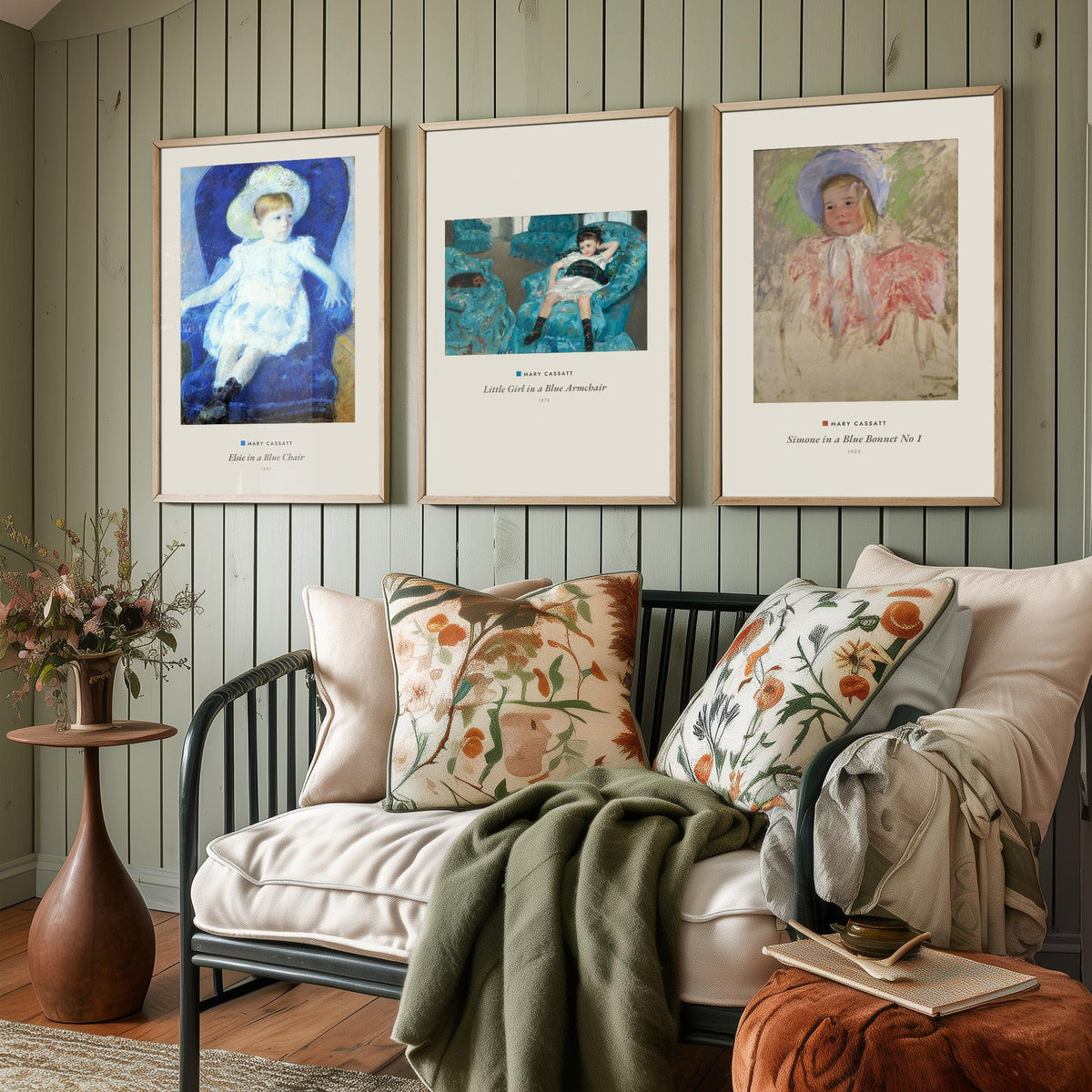 Set of Three Mary Cassatt Art Prints - 3 Blue Portrait Paintings - Poster Giclee - Elsie Blue Chair, Girl Blue Armchair, Simone Blue Bonnet