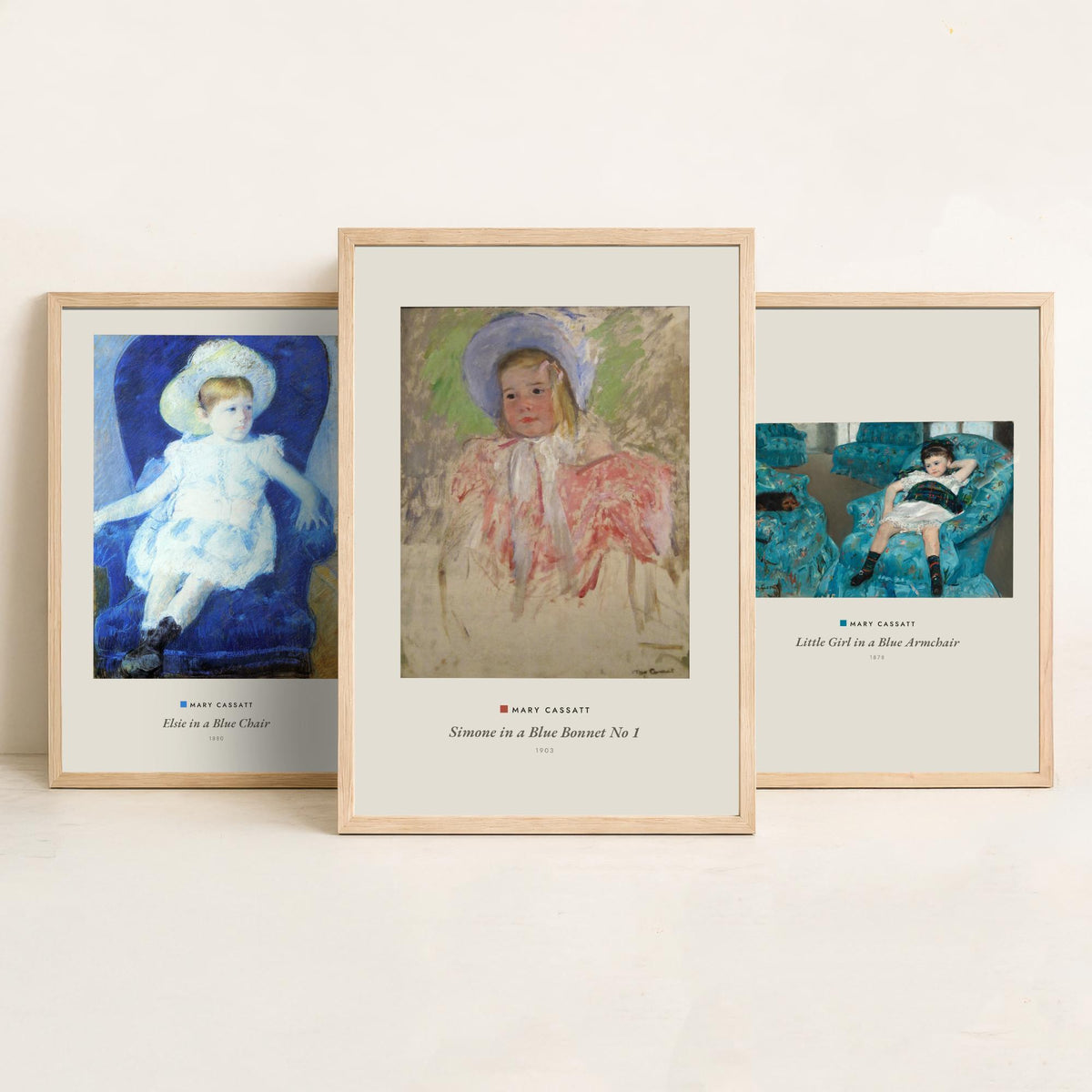 Set of Three Mary Cassatt Art Prints - 3 Blue Portrait Paintings - Poster Giclee - Elsie Blue Chair, Girl Blue Armchair, Simone Blue Bonnet