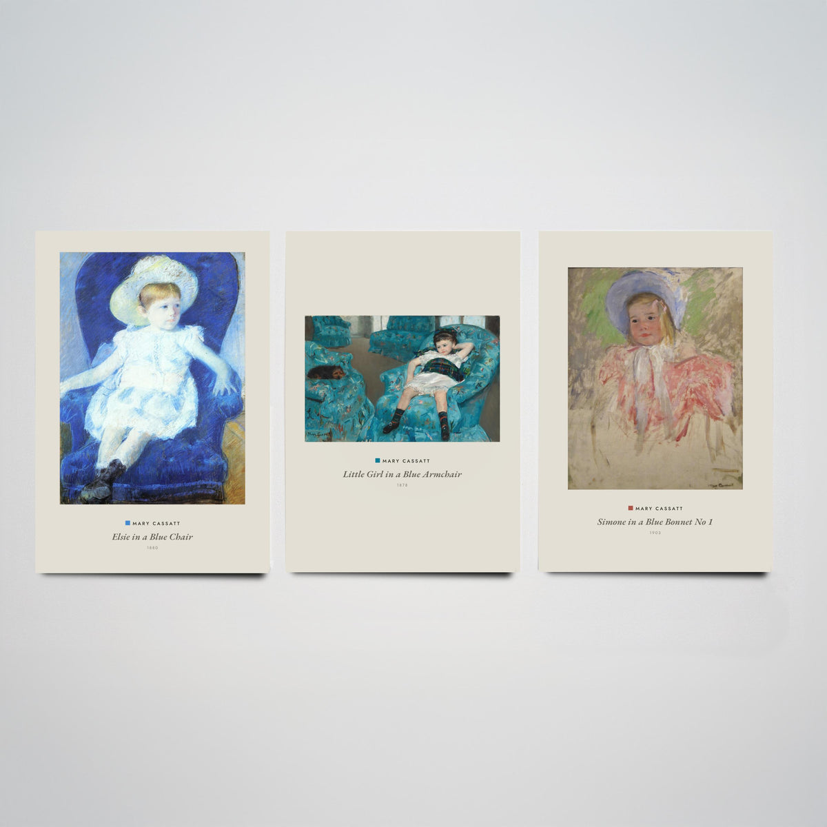 Set of Three Mary Cassatt Art Prints - 3 Blue Portrait Paintings - Poster Giclee - Elsie Blue Chair, Girl Blue Armchair, Simone Blue Bonnet