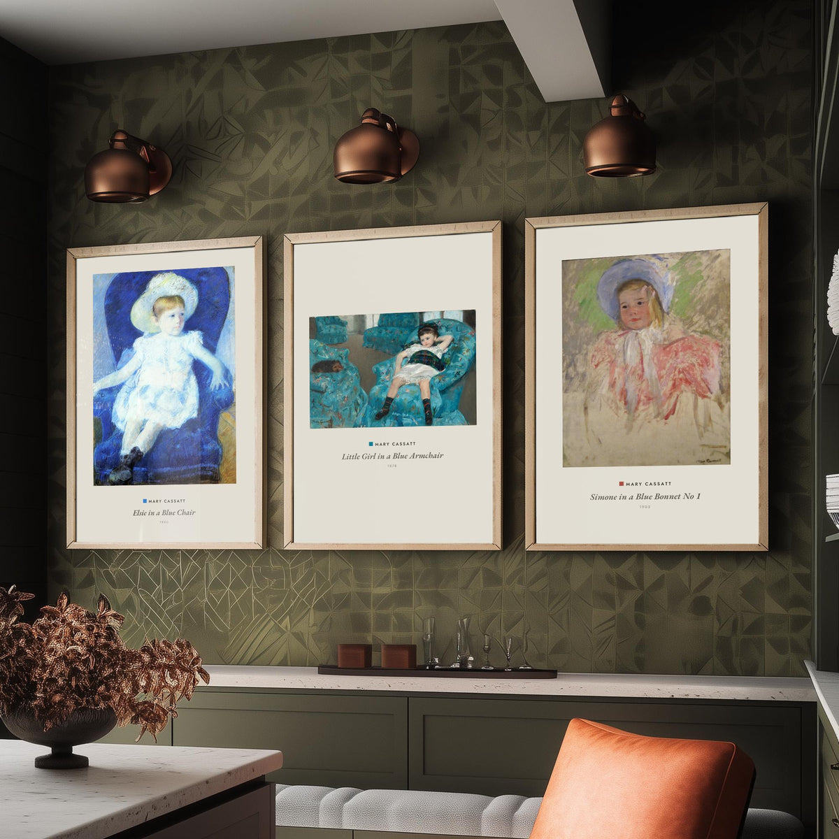 Set of Three Mary Cassatt Art Prints - 3 Blue Portrait Paintings - Poster Giclee - Elsie Blue Chair, Girl Blue Armchair, Simone Blue Bonnet