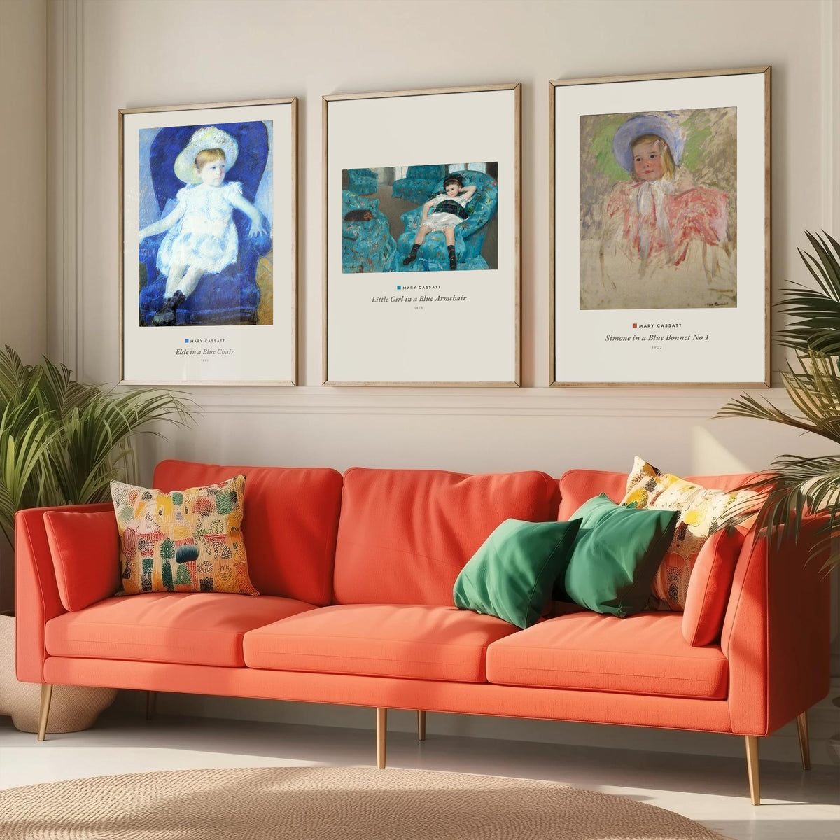 Set of Three Mary Cassatt Art Prints - 3 Blue Portrait Paintings - Poster Giclee - Elsie Blue Chair, Girl Blue Armchair, Simone Blue Bonnet