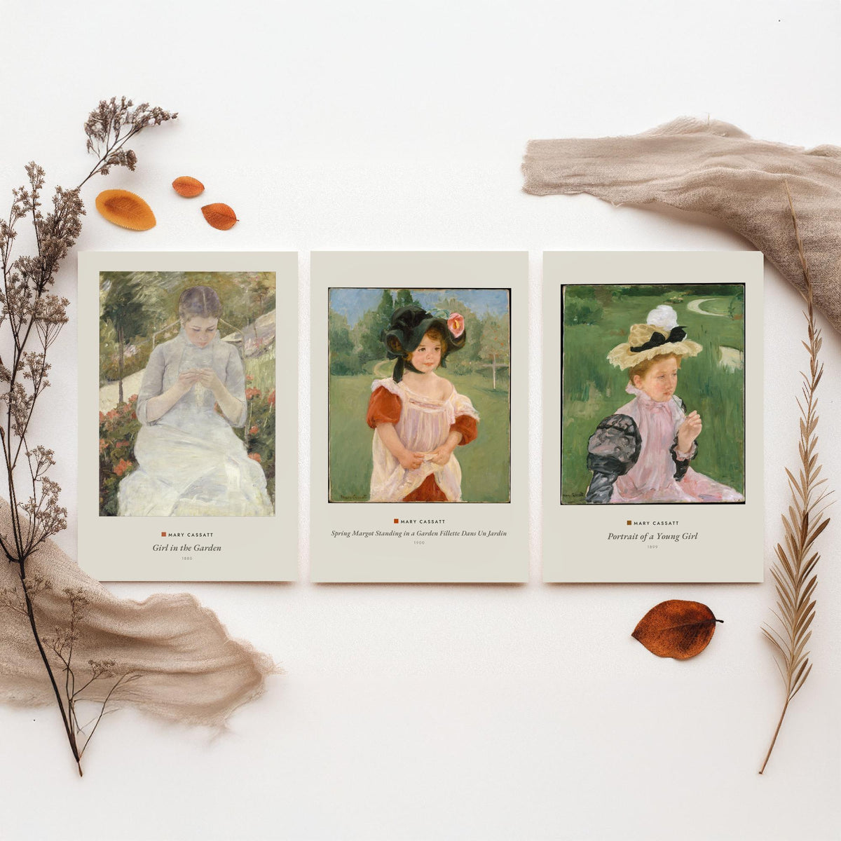 Set of Three Mary Cassatt Art Prints - 3 Garden Portrait Paintings - Poster Giclee - Girl in the Garden, Spring Margot, Young Girl Portrait
