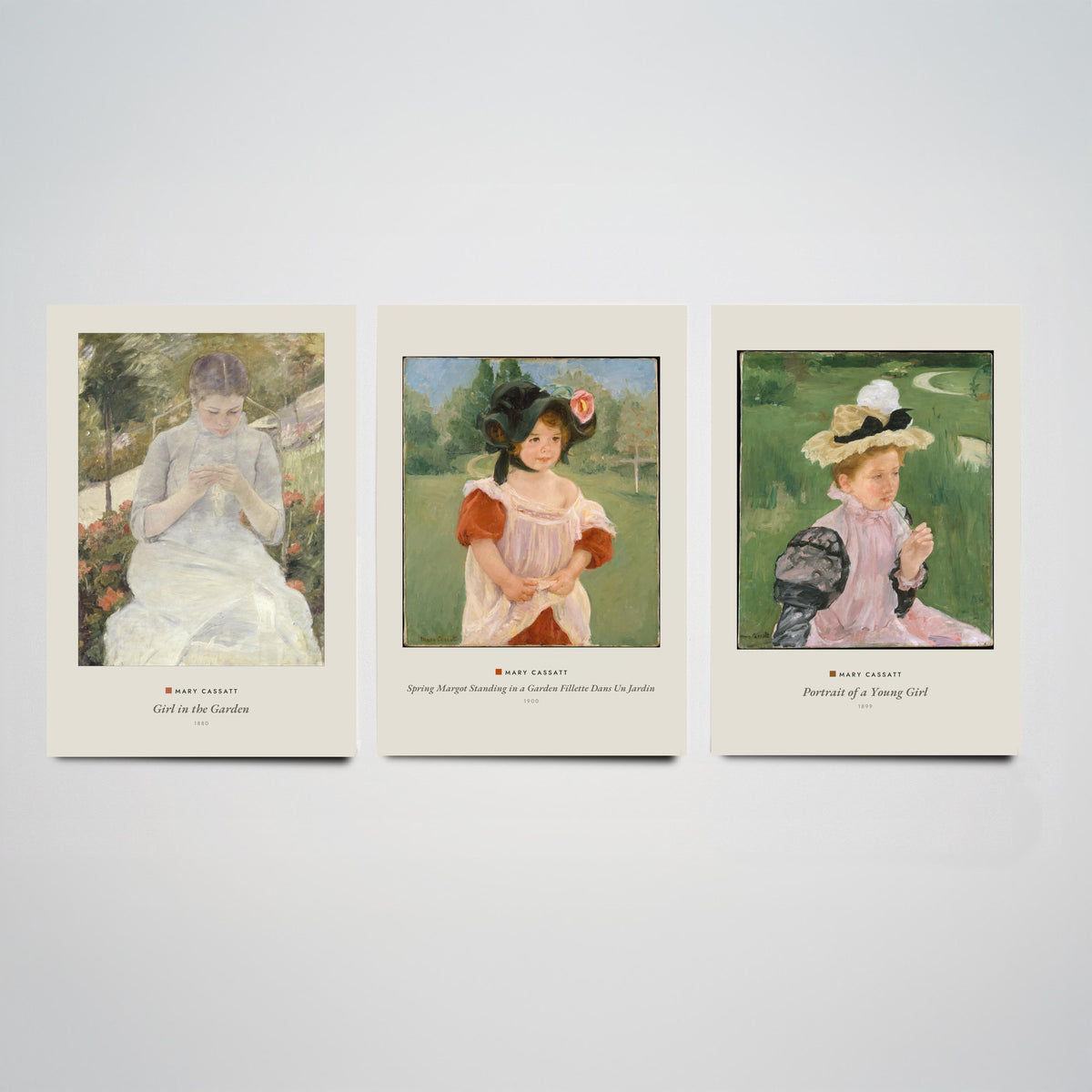 Set of Three Mary Cassatt Art Prints - 3 Garden Portrait Paintings - Poster Giclee - Girl in the Garden, Spring Margot, Young Girl Portrait