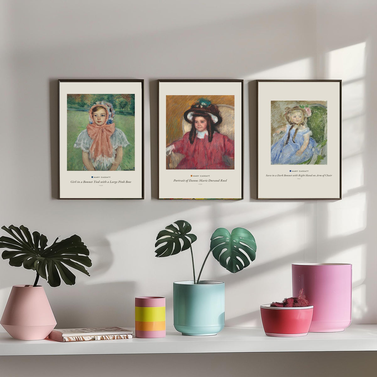 Set of Three Mary Cassatt Art Prints - 3 Child Portrait Paintings - Poster - Girl Pink Bow Bonnet, Danne Marie Durand Ruel, Sara Dark Bonnet
