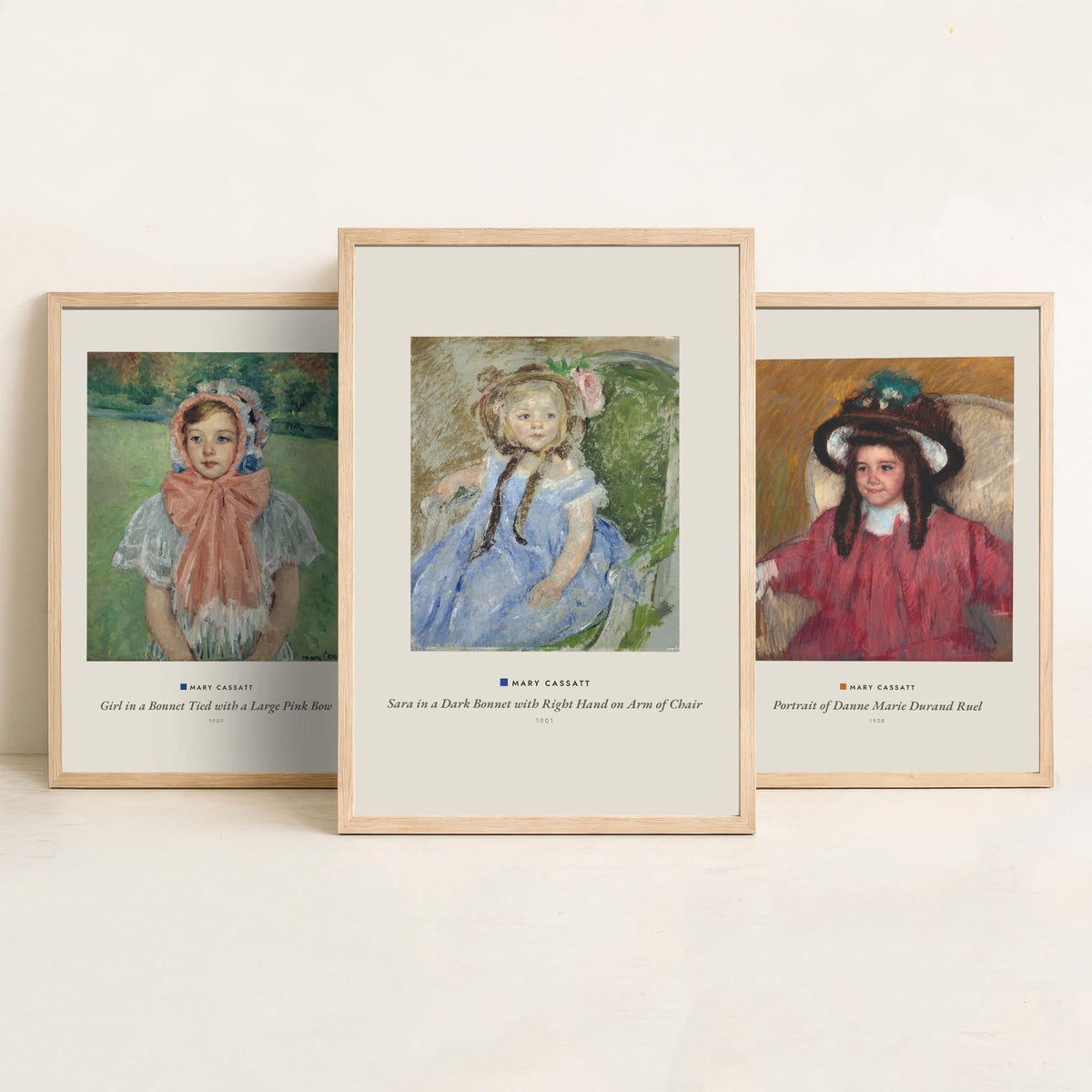 Set of Three Mary Cassatt Art Prints - 3 Child Portrait Paintings - Poster - Girl Pink Bow Bonnet, Danne Marie Durand Ruel, Sara Dark Bonnet