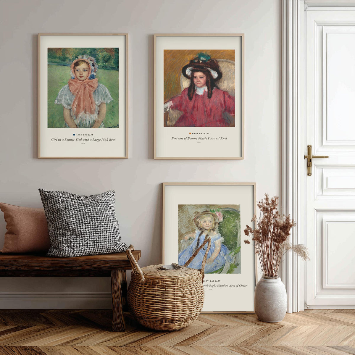 Set of Three Mary Cassatt Art Prints - 3 Child Portrait Paintings - Poster - Girl Pink Bow Bonnet, Danne Marie Durand Ruel, Sara Dark Bonnet