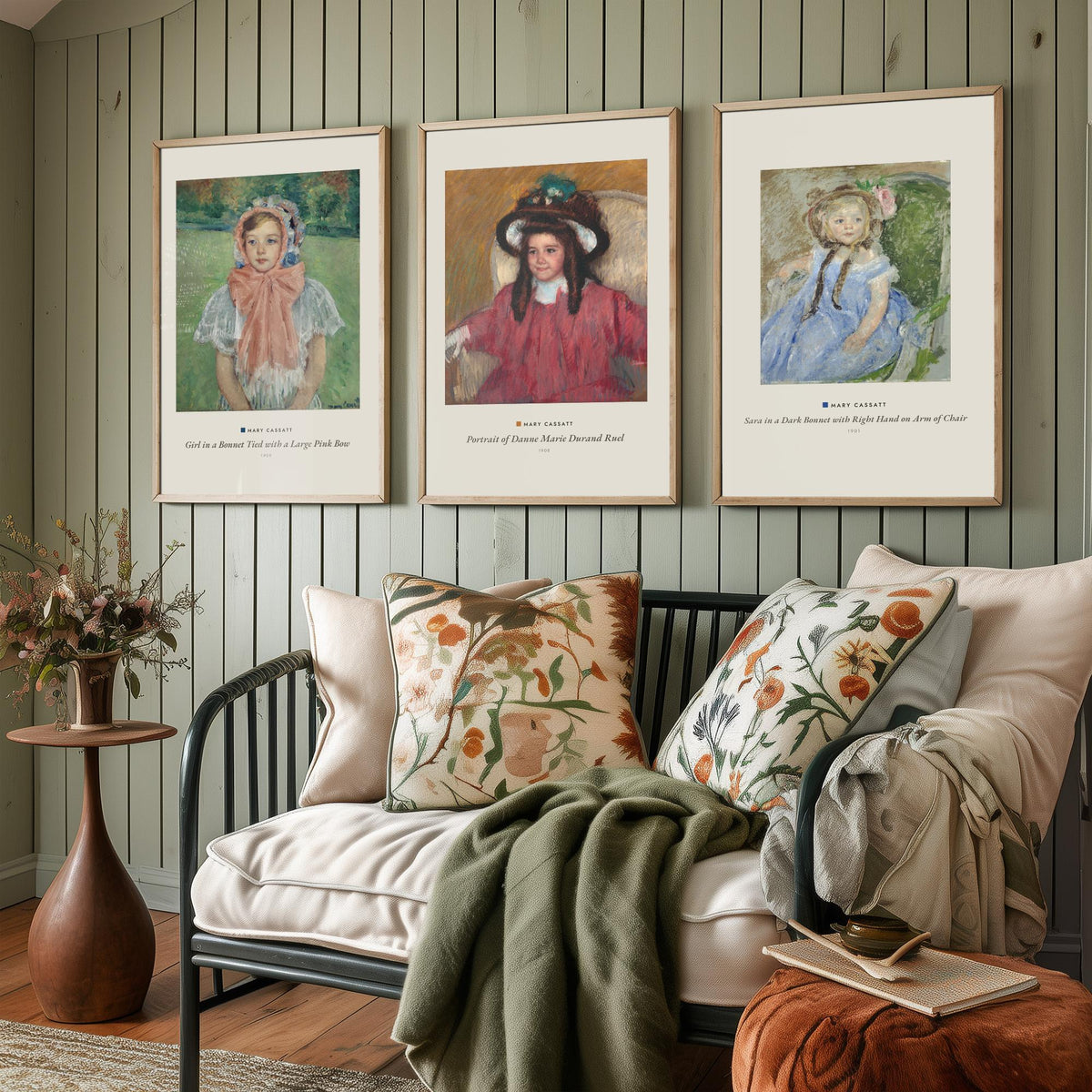 Set of Three Mary Cassatt Art Prints - 3 Child Portrait Paintings - Poster - Girl Pink Bow Bonnet, Danne Marie Durand Ruel, Sara Dark Bonnet