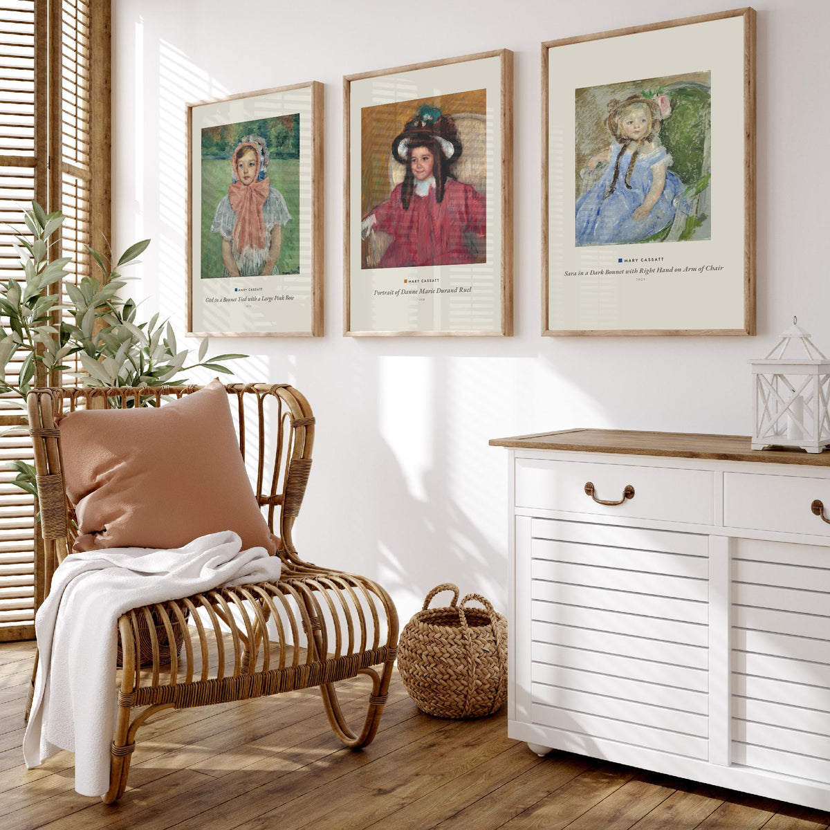 Set of Three Mary Cassatt Art Prints - 3 Child Portrait Paintings - Poster - Girl Pink Bow Bonnet, Danne Marie Durand Ruel, Sara Dark Bonnet