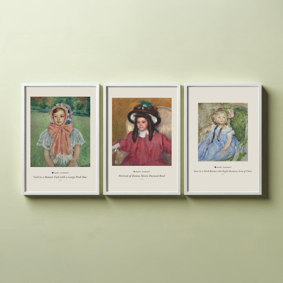 Set of Three Mary Cassatt Art Prints - 3 Child Portrait Paintings - Poster - Girl Pink Bow Bonnet, Danne Marie Durand Ruel, Sara Dark Bonnet