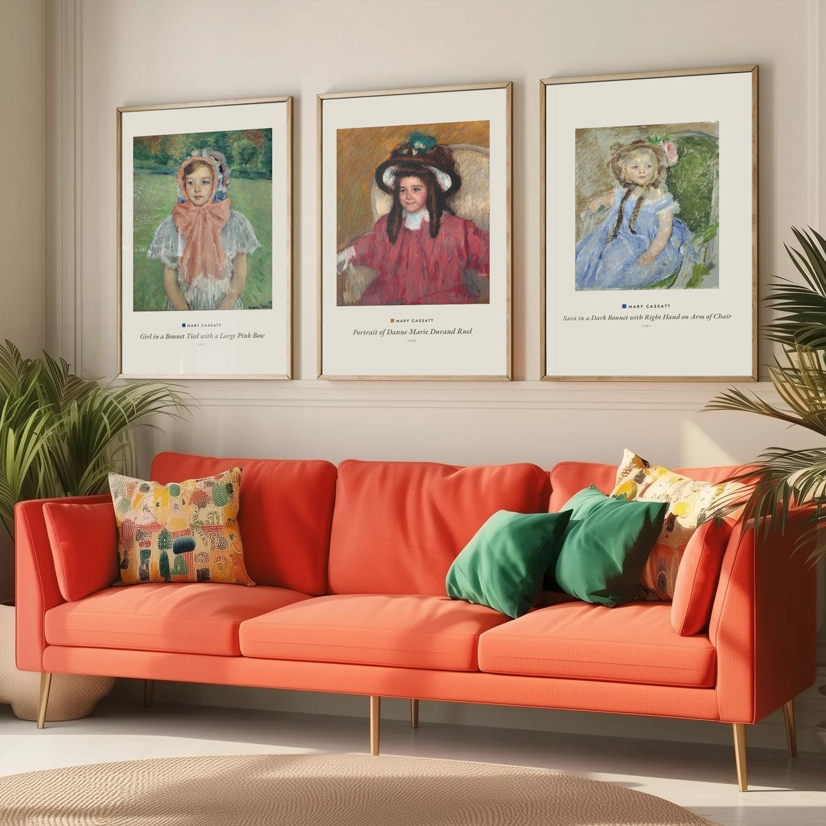 Set of Three Mary Cassatt Art Prints - 3 Child Portrait Paintings - Poster - Girl Pink Bow Bonnet, Danne Marie Durand Ruel, Sara Dark Bonnet