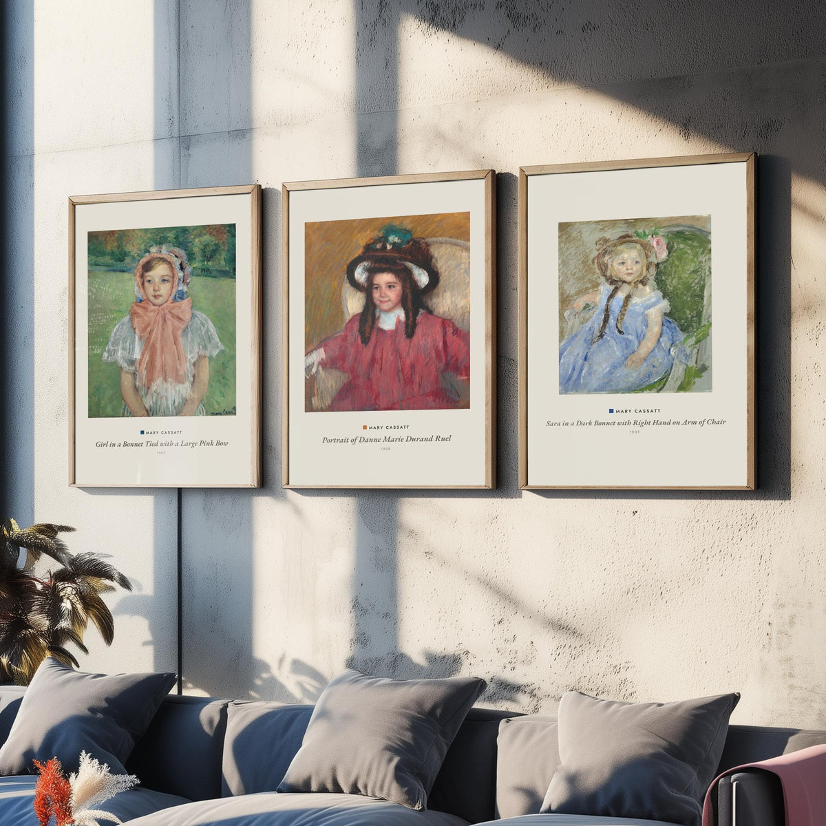 Set of Three Mary Cassatt Art Prints - 3 Child Portrait Paintings - Poster - Girl Pink Bow Bonnet, Danne Marie Durand Ruel, Sara Dark Bonnet