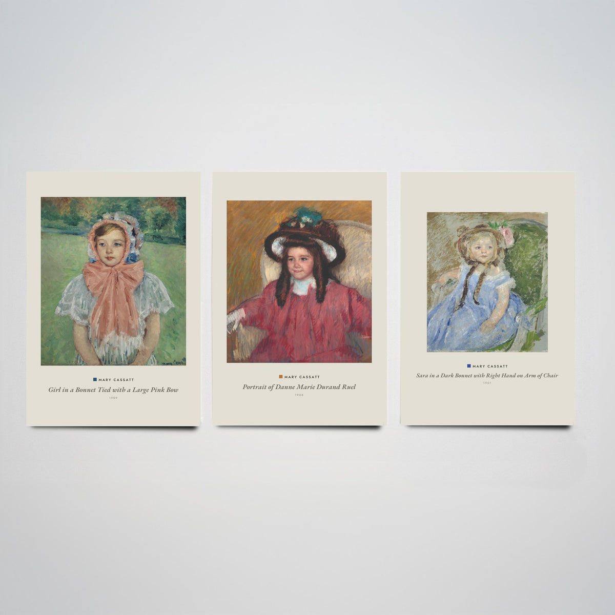 Set of Three Mary Cassatt Art Prints - 3 Child Portrait Paintings - Poster - Girl Pink Bow Bonnet, Danne Marie Durand Ruel, Sara Dark Bonnet