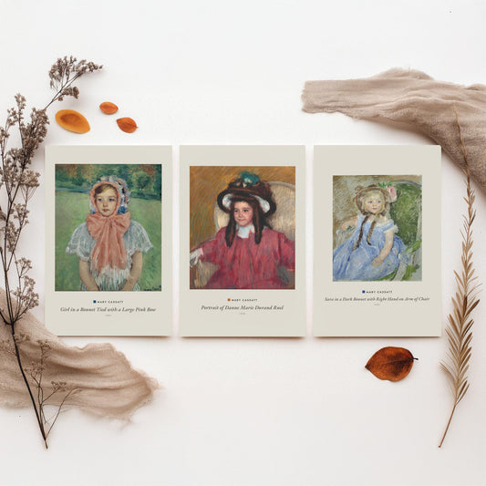 Set of Three Mary Cassatt Art Prints - 3 Child Portrait Paintings - Poster - Girl Pink Bow Bonnet, Danne Marie Durand Ruel, Sara Dark Bonnet