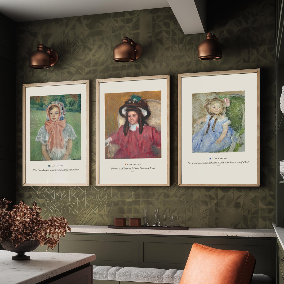 Set of Three Mary Cassatt Art Prints - 3 Child Portrait Paintings - Poster - Girl Pink Bow Bonnet, Danne Marie Durand Ruel, Sara Dark Bonnet