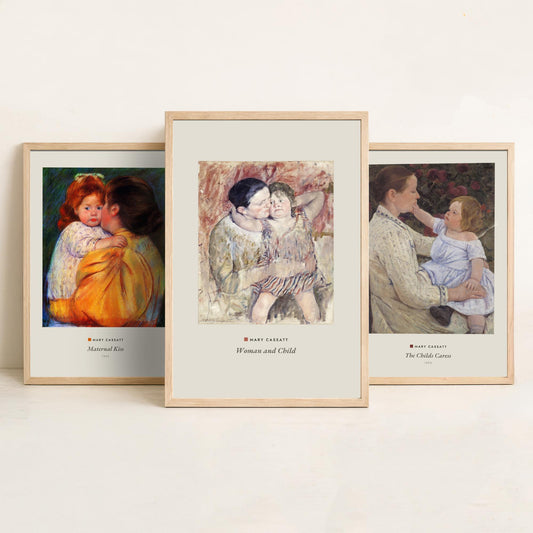 Set of Three Mary Cassatt Art Prints - 3 Mother and Child Paintings - Poster Giclee Museum - Maternal Kiss The Childs Caress Woman and Child