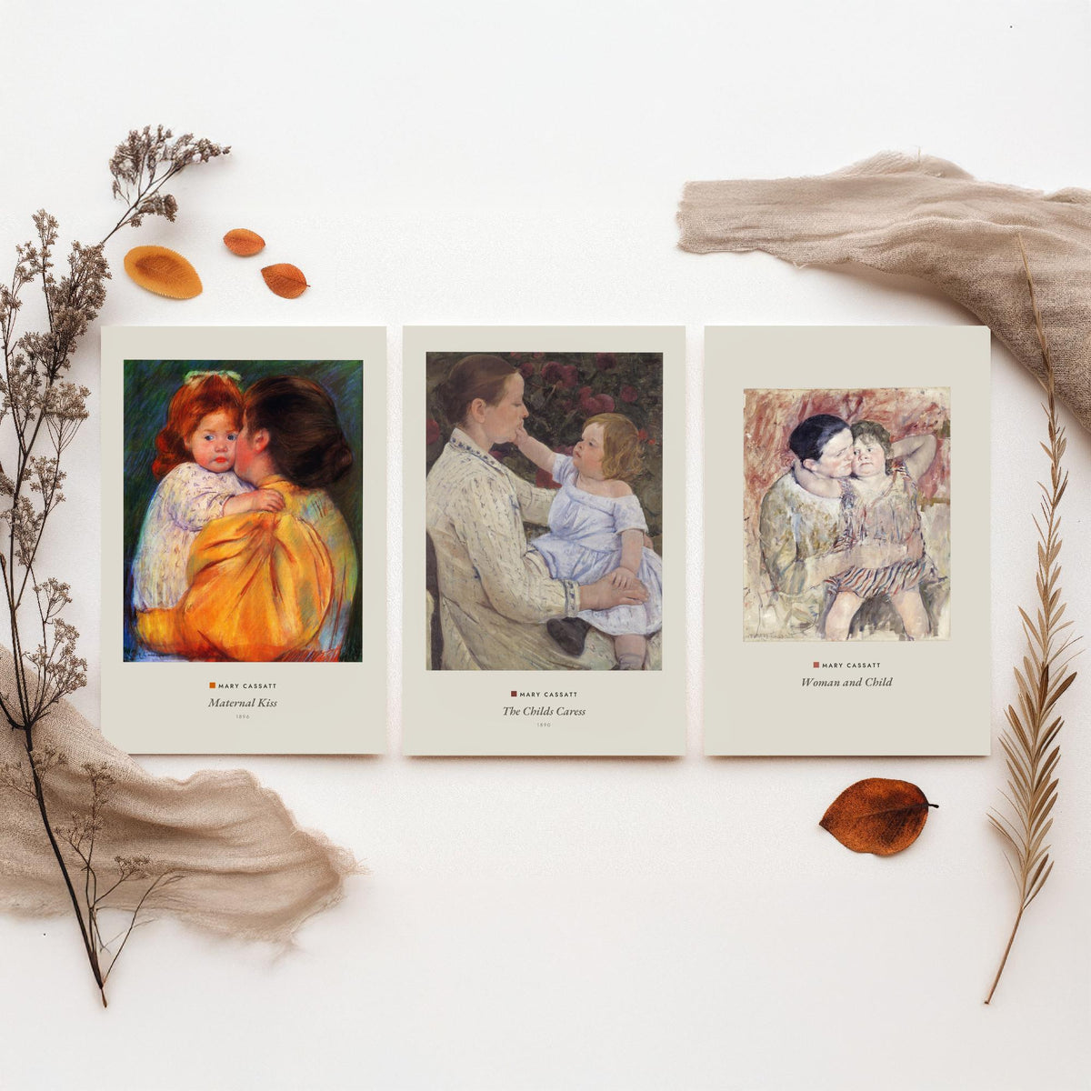 Set of Three Mary Cassatt Art Prints - 3 Mother and Child Paintings - Poster Giclee Museum - Maternal Kiss The Childs Caress Woman and Child