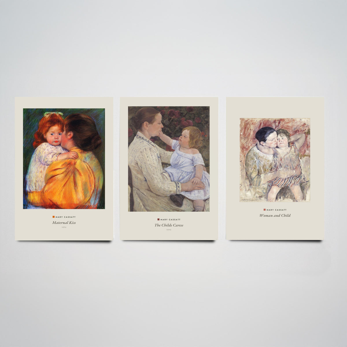 Set of Three Mary Cassatt Art Prints - 3 Mother and Child Paintings - Poster Giclee Museum - Maternal Kiss The Childs Caress Woman and Child
