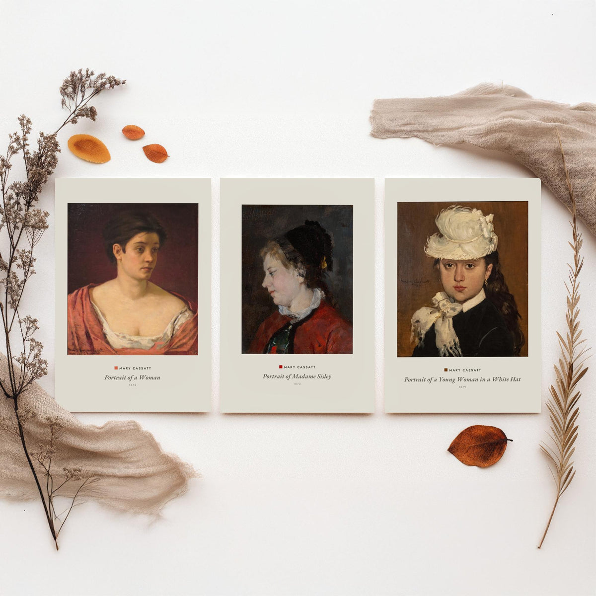 Set of Three Mary Cassatt Art Prints - 3 Portrait Paintings - Poster Giclee Museum - Portrait of a Woman Madame Sisley Woman in a White Hat