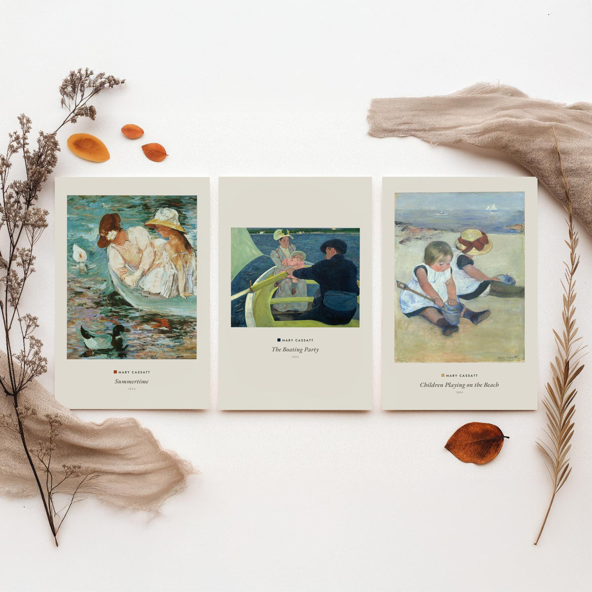 Set of Three Mary Cassatt Art Prints - 3 Summer Beach Paintings - Poster Giclee Museum - Summertime The Boating Party Children on the Beach