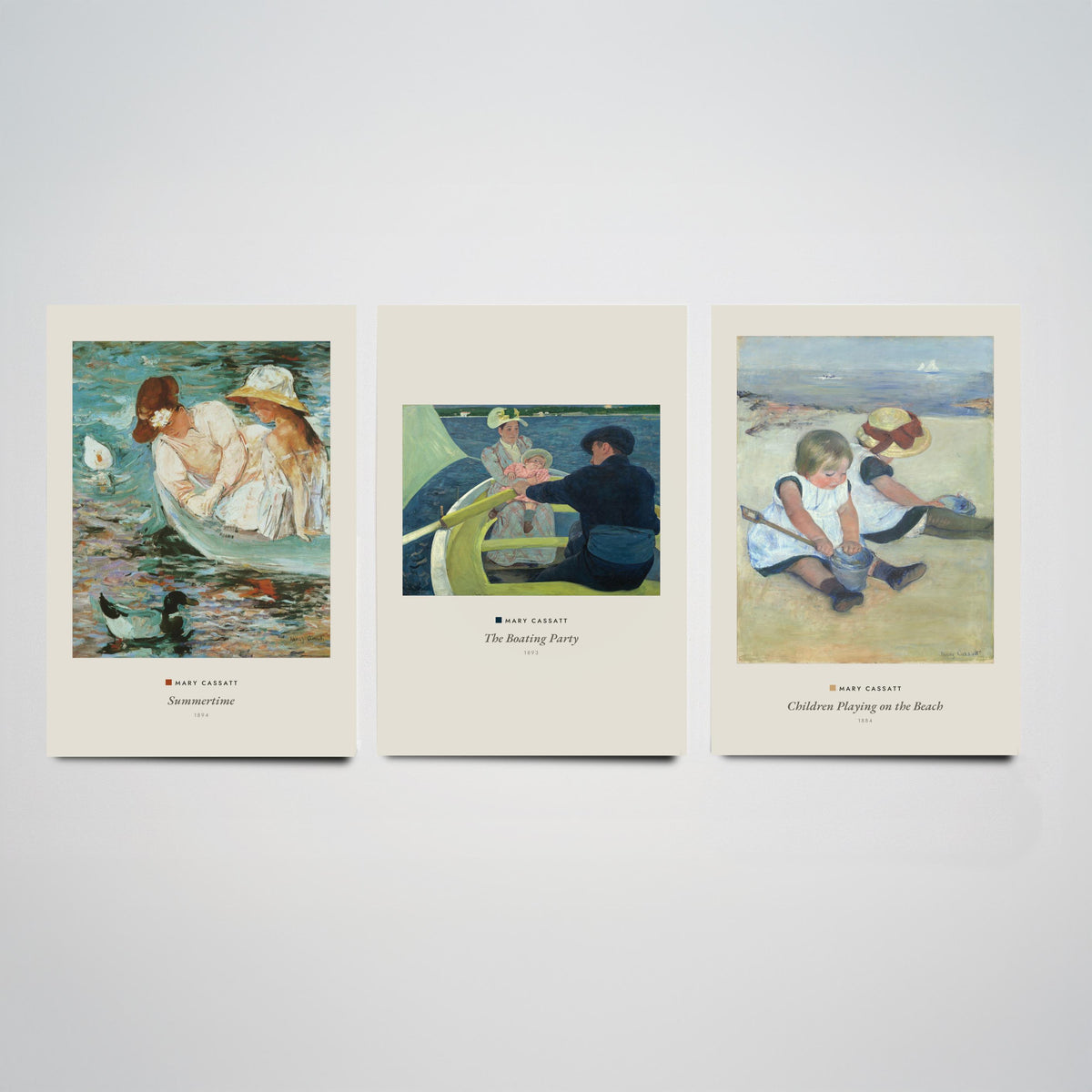 Set of Three Mary Cassatt Art Prints - 3 Summer Beach Paintings - Poster Giclee Museum - Summertime The Boating Party Children on the Beach