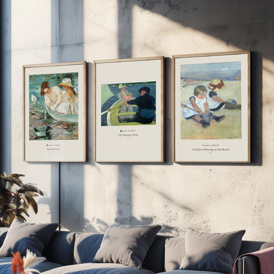 Set of Three Mary Cassatt Art Prints - 3 Summer Beach Paintings - Poster Giclee Museum - Summertime The Boating Party Children on the Beach