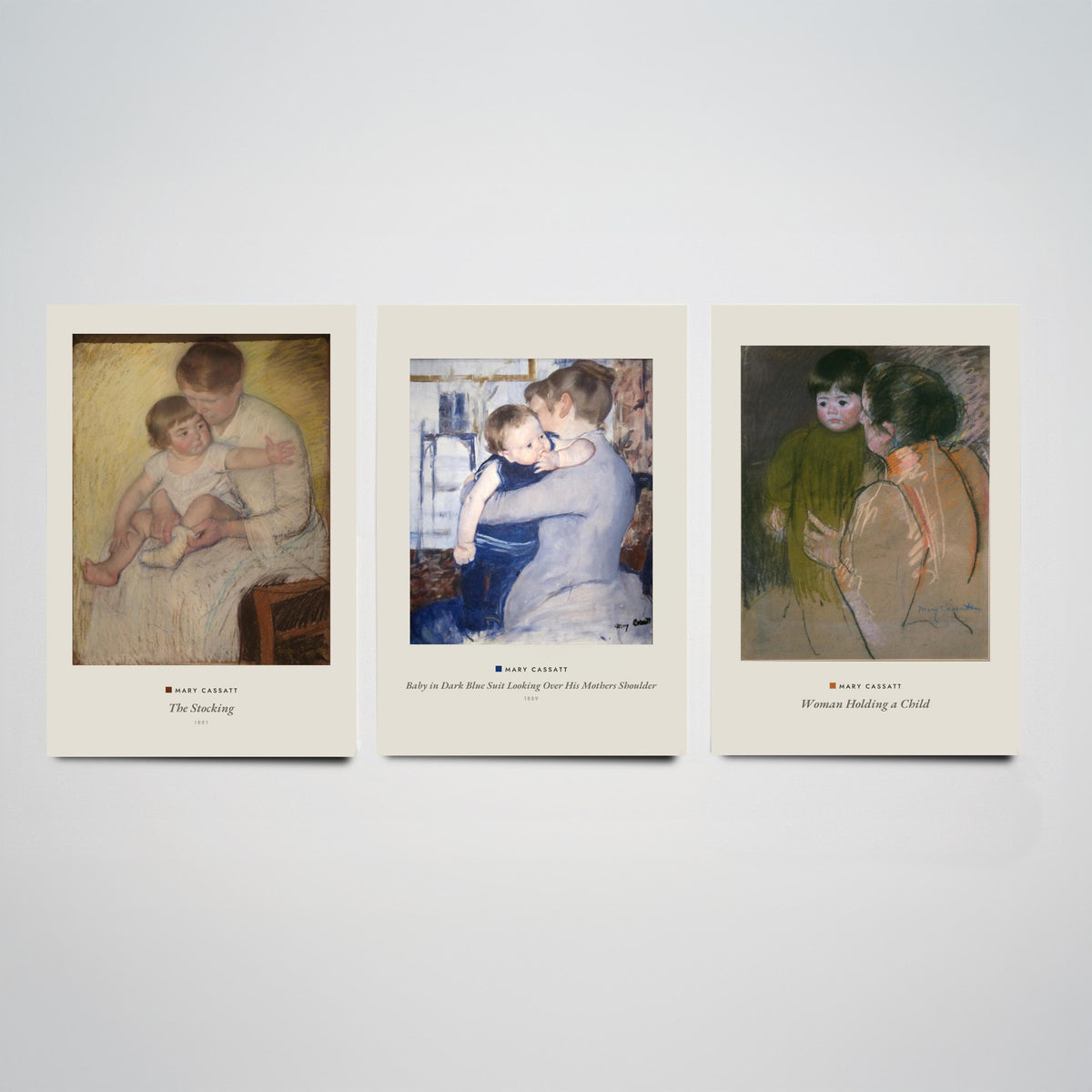 Set of Three Mary Cassatt Art Prints - 3 Mother and Child Paintings - Poster Giclee Museum - Stocking Baby in Blue Suit Woman Holding Child