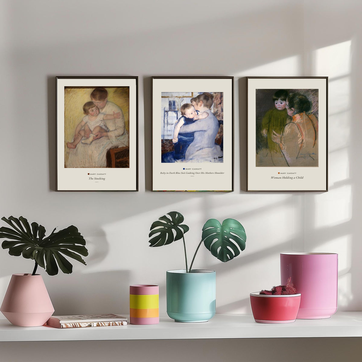 Set of Three Mary Cassatt Art Prints - 3 Mother and Child Paintings - Poster Giclee Museum - Stocking Baby in Blue Suit Woman Holding Child