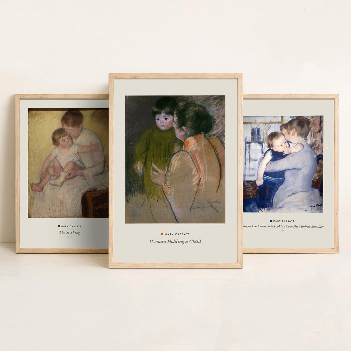 Set of Three Mary Cassatt Art Prints - 3 Mother and Child Paintings - Poster Giclee Museum - Stocking Baby in Blue Suit Woman Holding Child