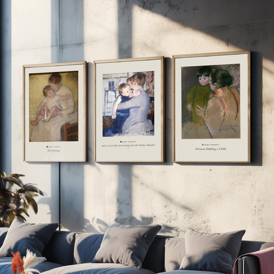 Set of Three Mary Cassatt Art Prints - 3 Mother and Child Paintings - Poster Giclee Museum - Stocking Baby in Blue Suit Woman Holding Child