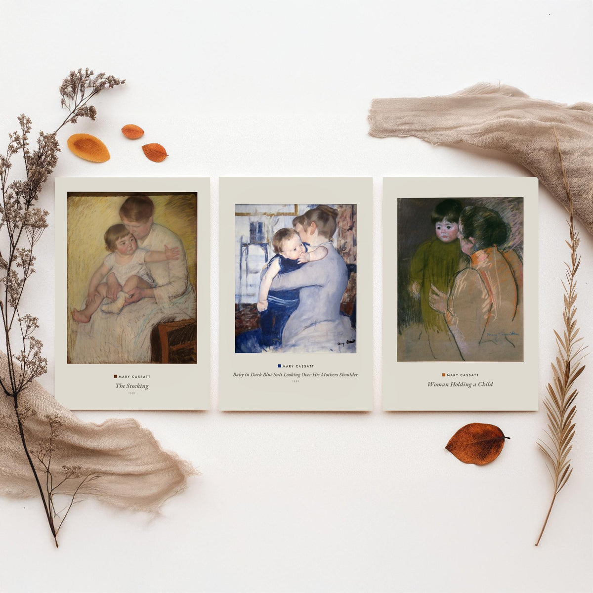 Set of Three Mary Cassatt Art Prints - 3 Mother and Child Paintings - Poster Giclee Museum - Stocking Baby in Blue Suit Woman Holding Child