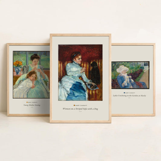 Set of Three Mary Cassatt Art Prints - 3 Woman Paintings - Poster Giclee Museum - Young Mother Sewing Lydia Crocheting Woman on Striped Sofa