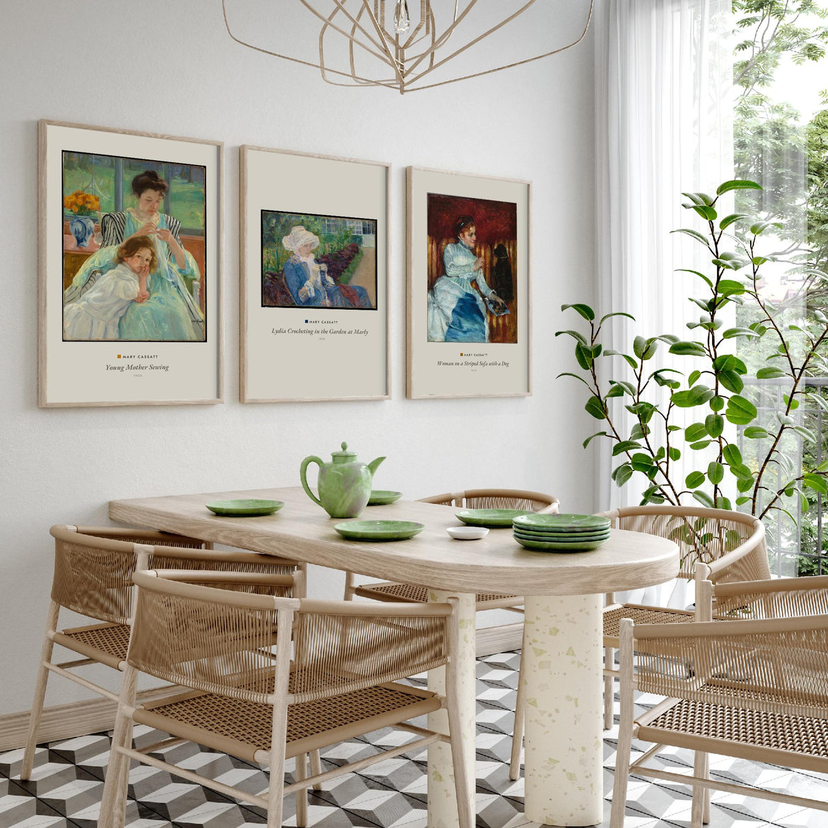 Set of Three Mary Cassatt Art Prints - 3 Woman Paintings - Poster Giclee Museum - Young Mother Sewing Lydia Crocheting Woman on Striped Sofa