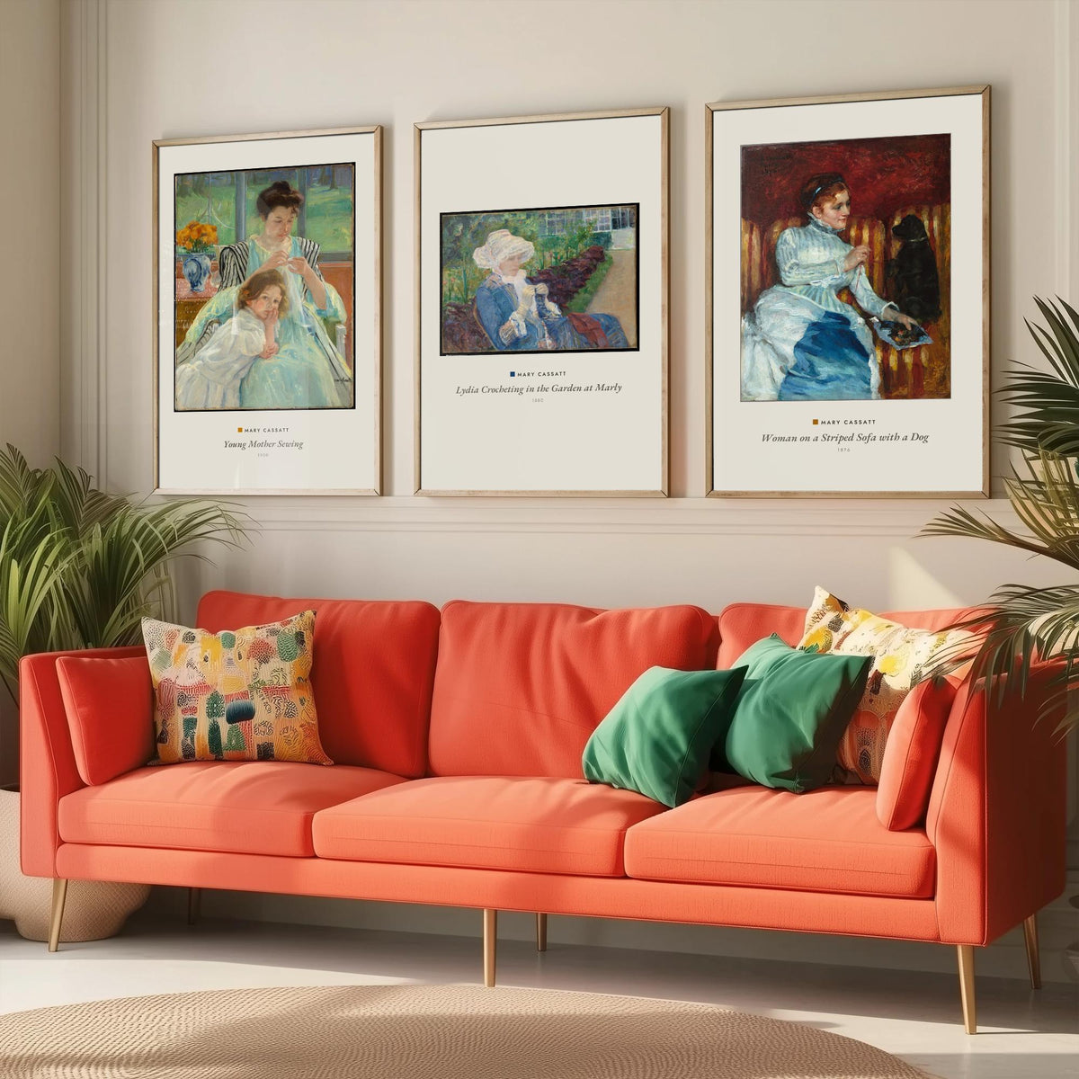 Set of Three Mary Cassatt Art Prints - 3 Woman Paintings - Poster Giclee Museum - Young Mother Sewing Lydia Crocheting Woman on Striped Sofa