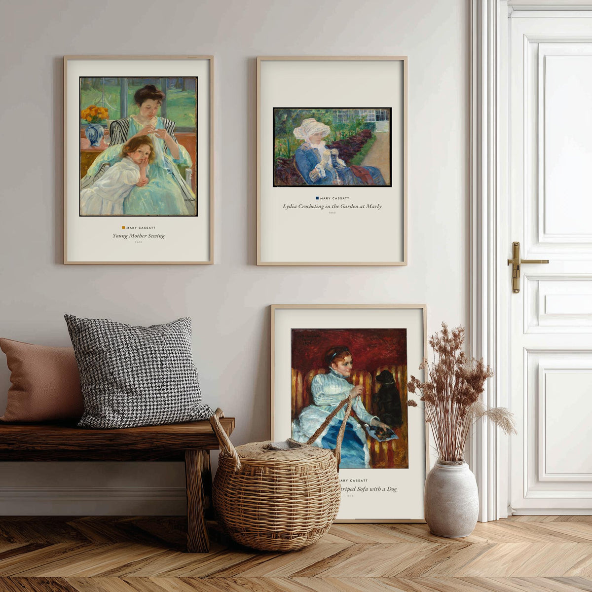 Set of Three Mary Cassatt Art Prints - 3 Woman Paintings - Poster Giclee Museum - Young Mother Sewing Lydia Crocheting Woman on Striped Sofa