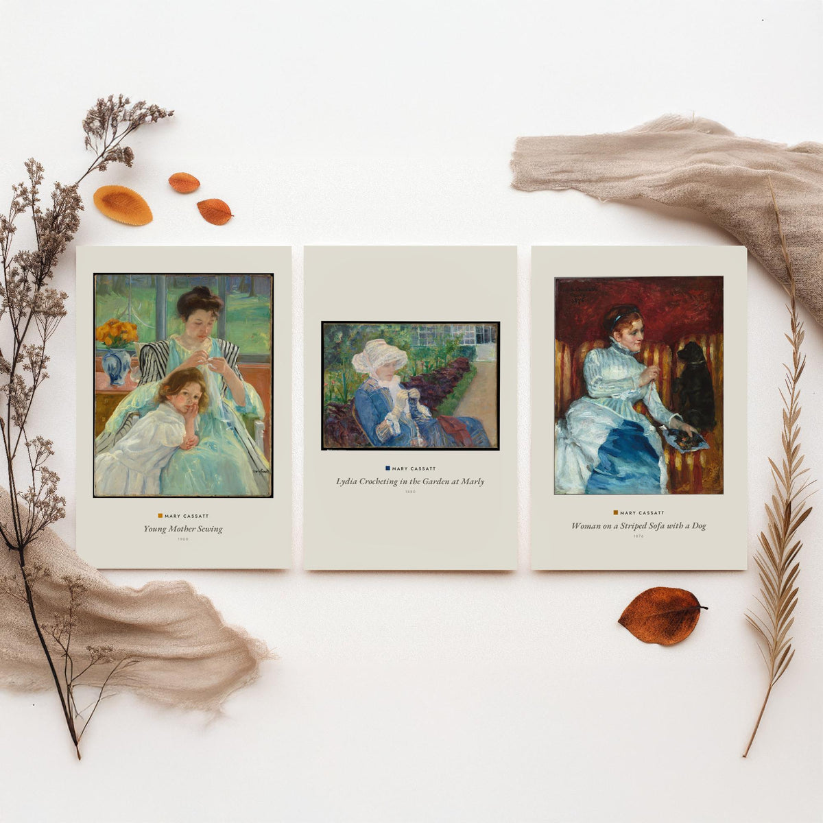 Set of Three Mary Cassatt Art Prints - 3 Woman Paintings - Poster Giclee Museum - Young Mother Sewing Lydia Crocheting Woman on Striped Sofa